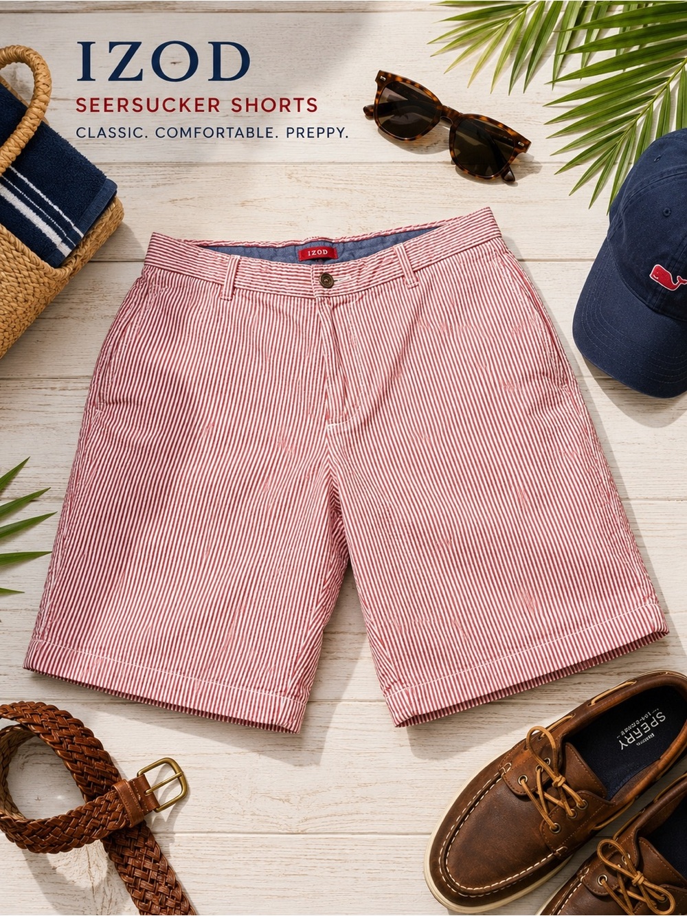 IZOD Seersucker Shorts Men’s 32 Red White Stripe Flat Front Preppy Golf Coastal